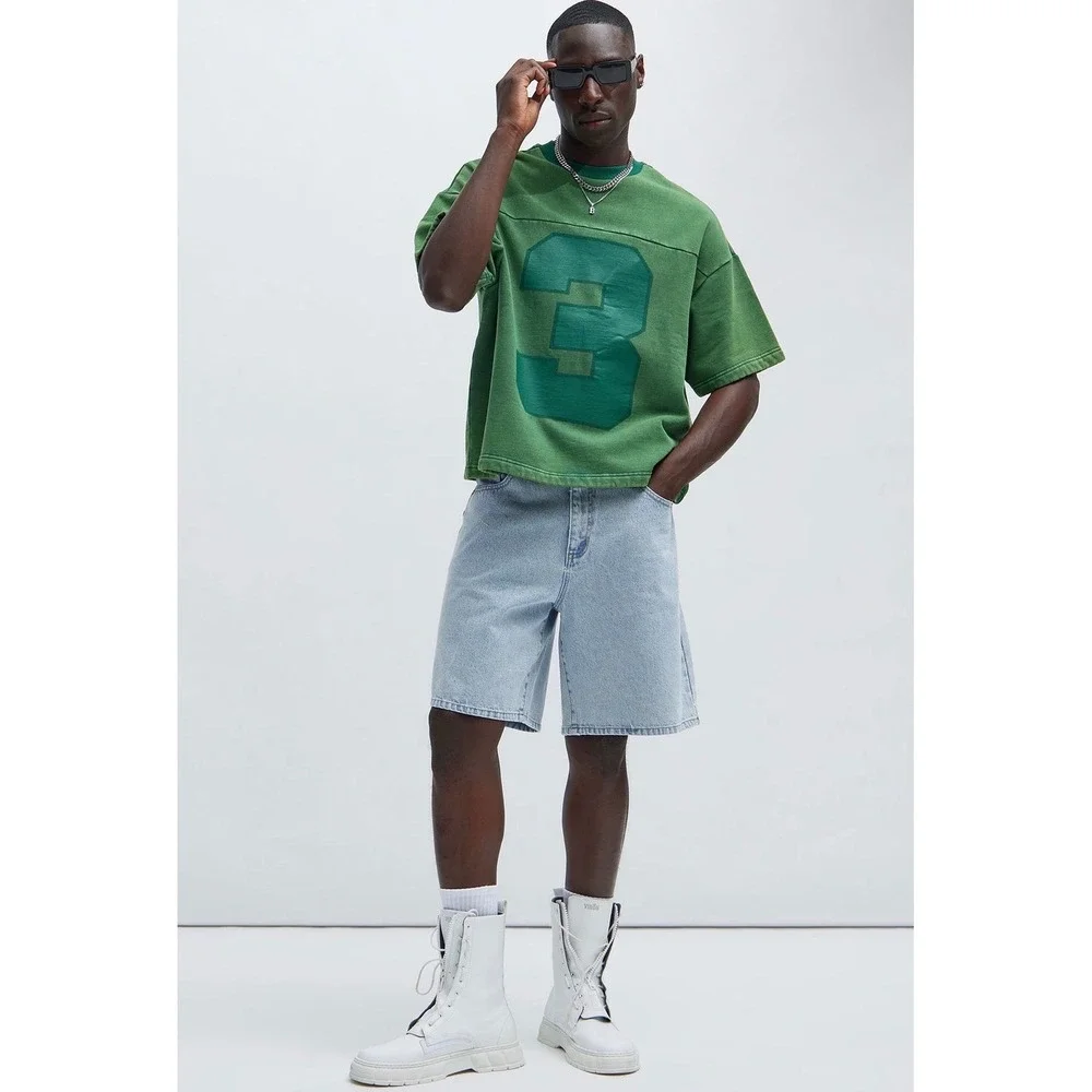 Fashion Nova Men Oversized Green Graphic Sweatshirt Tee Washed Number 3 M